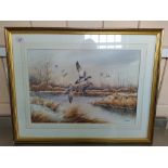 Simon T Trinder watercolour "Three Mallards" in flight in autumnal river scene,