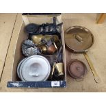 A box of mixed metal wares including Salter scale with weights,