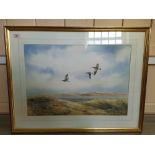 Simon T Trinder watercolour "Curlew at Scolb Head", depicting birds in flight with beach scene,