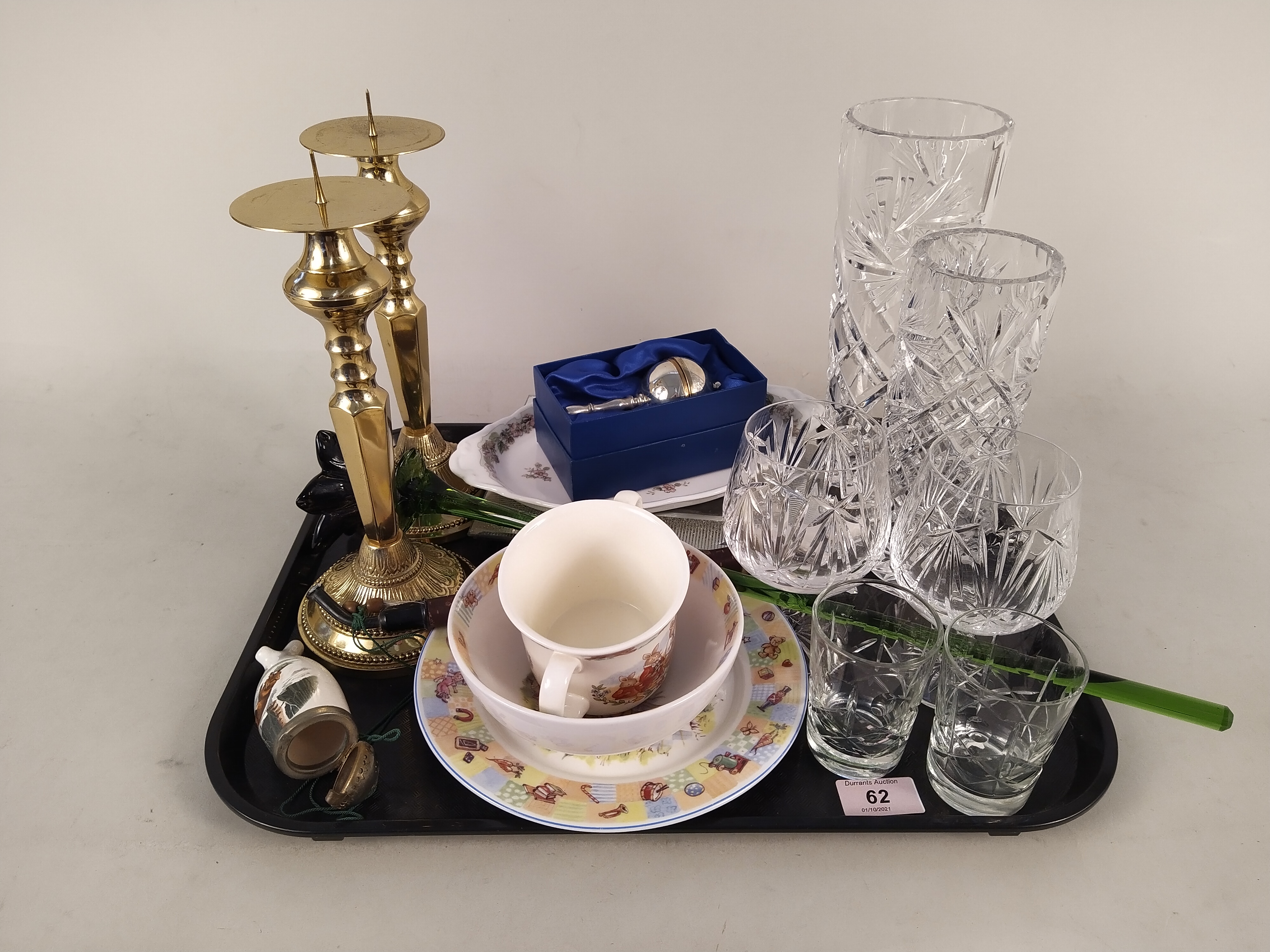 A mixed lot including a pair of plated brass candlesticks, cut glass, a Tyrolean pipe, glass flower,