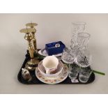 A mixed lot including a pair of plated brass candlesticks, cut glass, a Tyrolean pipe, glass flower,