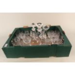 A box of mixed glassware including two decanters,