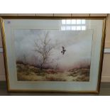 Simon T Trinder watercolour of a woodcock in flight in winter,