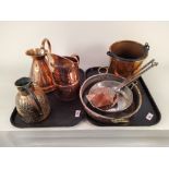 A seamed copper jug, a copper grain hold, an antique copper jug (possibly Indian),