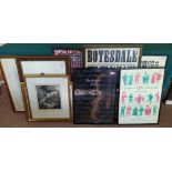 Various framed advertising posters including 'The English Sinfonia', 'Carols and Country Dancing',