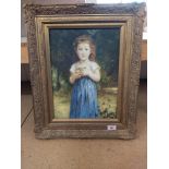 An oil on board portrait of a young girl clutching apples, signed D Parker,