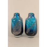 Two hand blown Mdina style blue glass vases with unusual "fish shoal" decoration