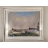 A framed mix media of a boat entering a harbour, signed Ken Smith,