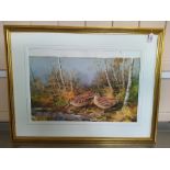 Neil Cox unglazed watercolour on paper of a pair of snipe amongst bracken,