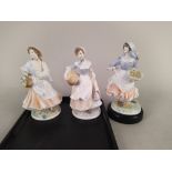 Three limited edition Royal Worcester figurines, including Rosie Picking Apples,