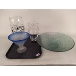 Four pieces of Boda style glassware including a dish 15 1/4" in diameter and two vases and a footed