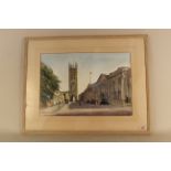 A framed watercolour of a street scene with buildings, cars and figures signed, Adrian Hill '47,