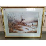 Simon T Trinder watercolour "Put Up By a Fox" pheasants flushed up by a fox in winter landscape,