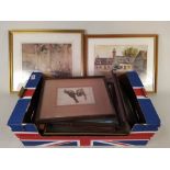 A box of twelve assorted watercolour prints and oil paintings of mainly Norfolk interest,