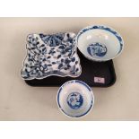 A 19th Century blue and white square scalloped dish and two Chinese blue and white bowls (one as