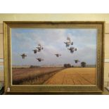 Julian Novorol (1949-) very large oil on canvas of partridges in flight over a field,