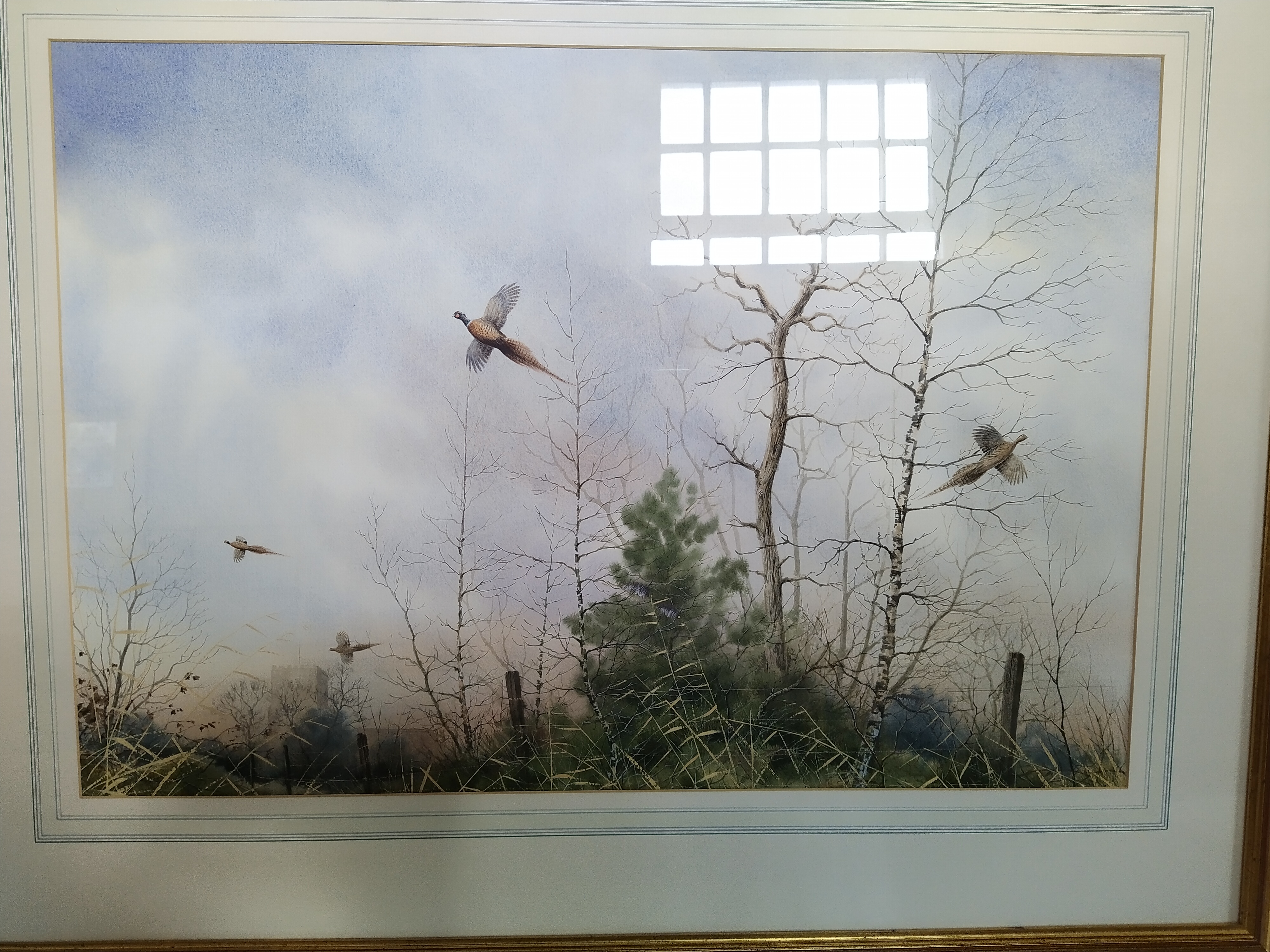 A framed unsigned watercolour of pheasants in flight in winter, - Image 3 of 3