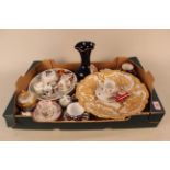 A box containing a large heavily gilded dish with crossed sword mark, a selection of Limoges items,