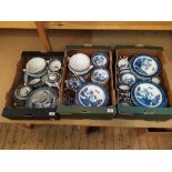 An extensive collection over three boxes of Booths Real Old Willow pattern dinner and tea wares