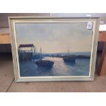 A framed oil on board of boats in a bay,