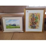 A framed abstract watercolour signed Michael Wheeley of flowers 25cm x 35.