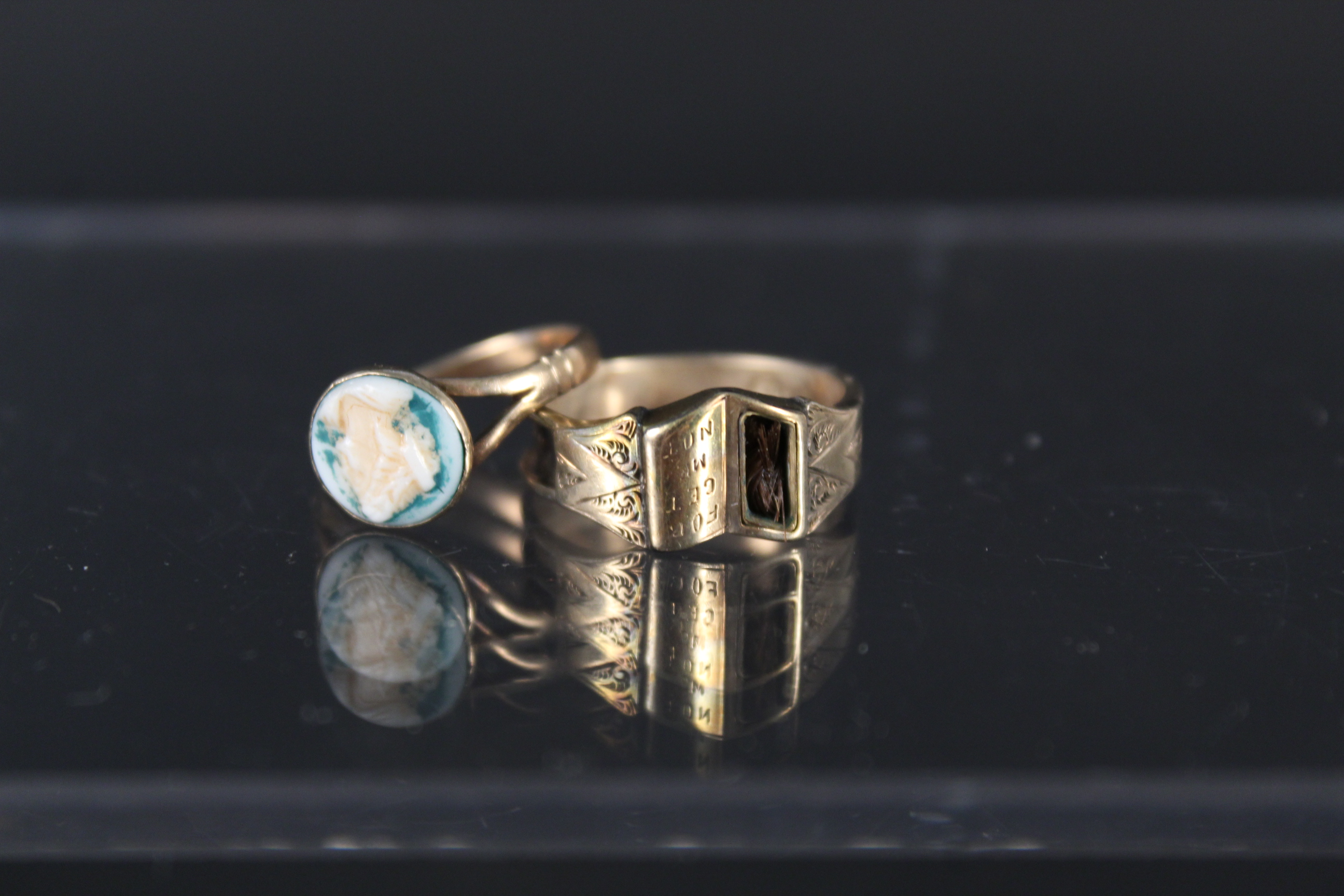 A 10ct gold hair set ring (as found) plus a 9ct gold cameo set ring, weight approx 3.