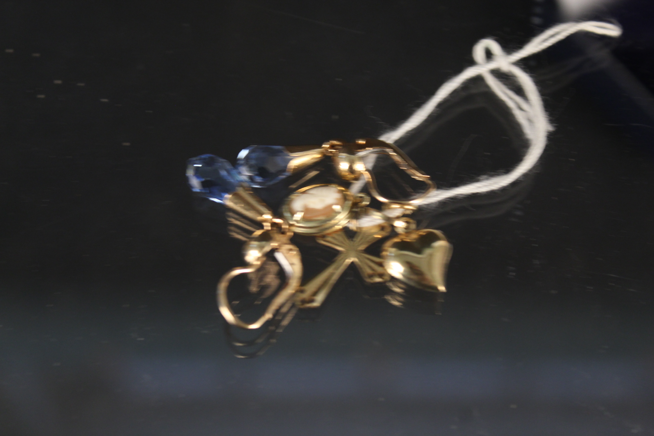 A pair of continental yellow metal earrings marked 750 with faceted blue stone drops together with - Image 3 of 3