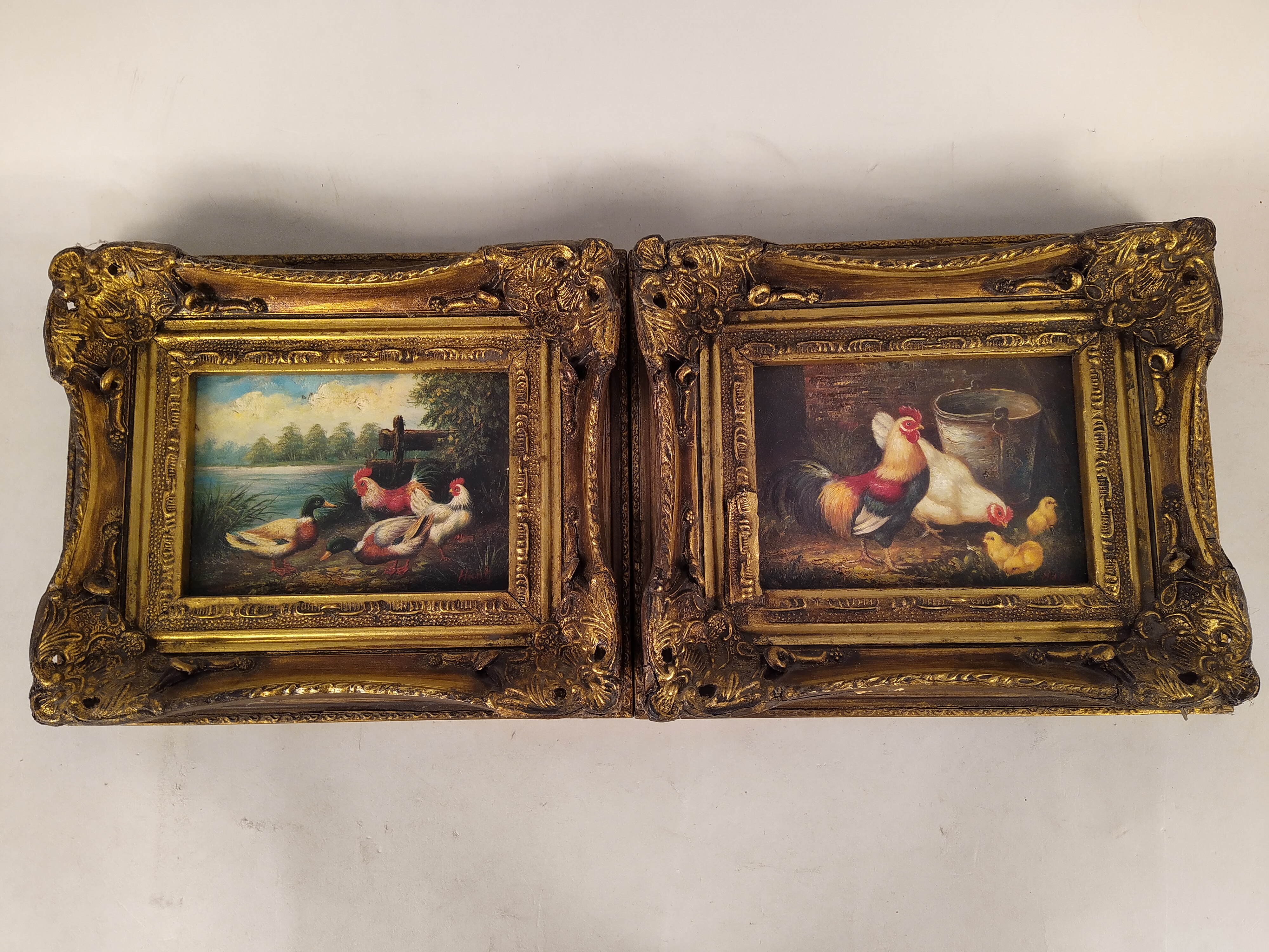 A small pair of oils on board of chicks and ducks, both signed bottom right Hunt,