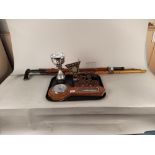 A mixed lot including two Pool League trophies, an oak barometer, a letter rack,