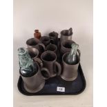 Assorted pewter tankards with Southwold Cod bottle plus a stoneware pot