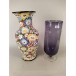 A large amethyst glass footed vase marked 'Parlane',