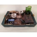 A box with mixed silver plated items, an antique tea caddy, an interesting handmade copper tin,