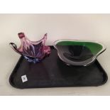A Whitefriars green to clear glass dish 31cm wide plus a ruby coloured dish,