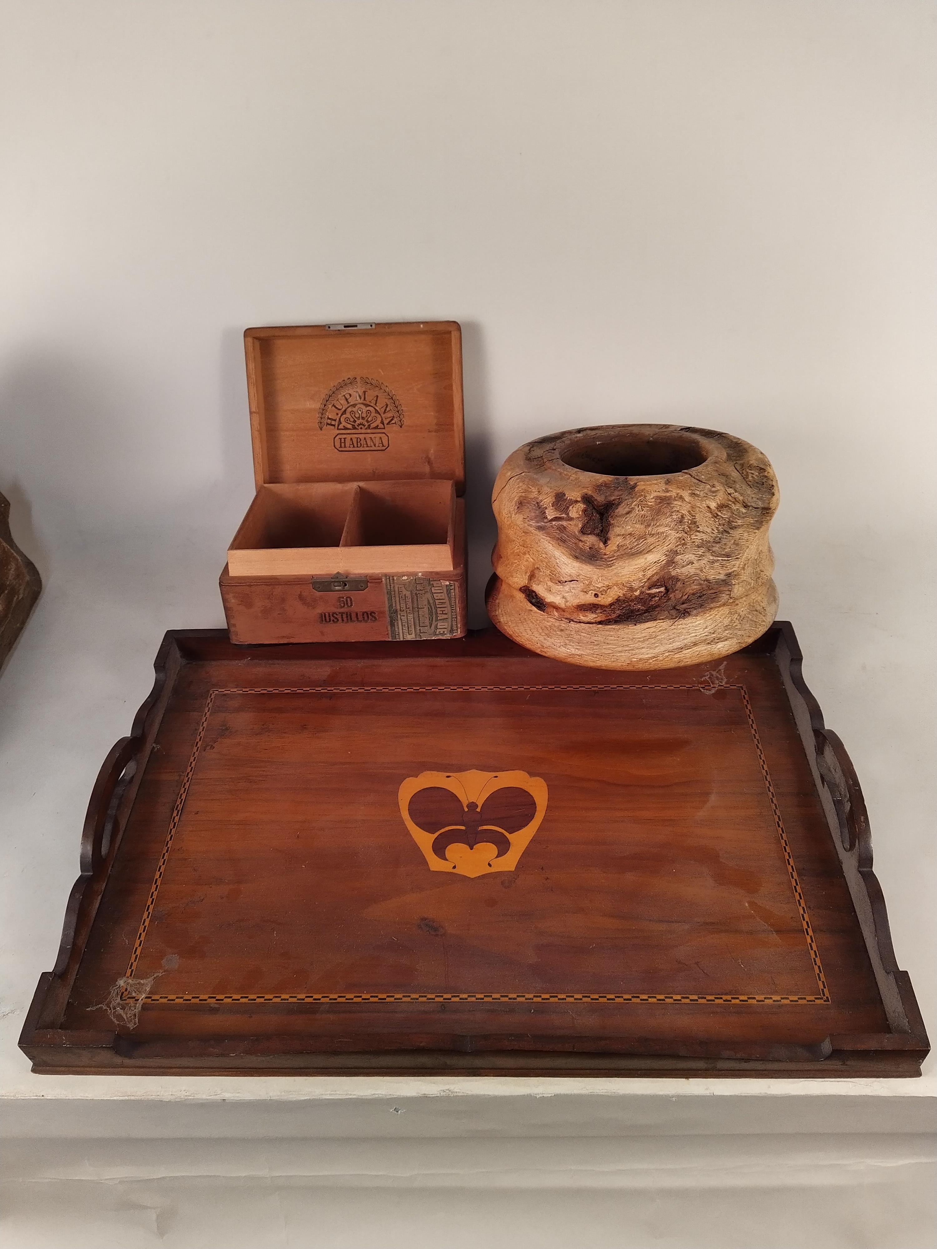 A wooden inlaid tray plus a tea caddy, H Upmann Havana cigar box (no contents), - Image 3 of 3