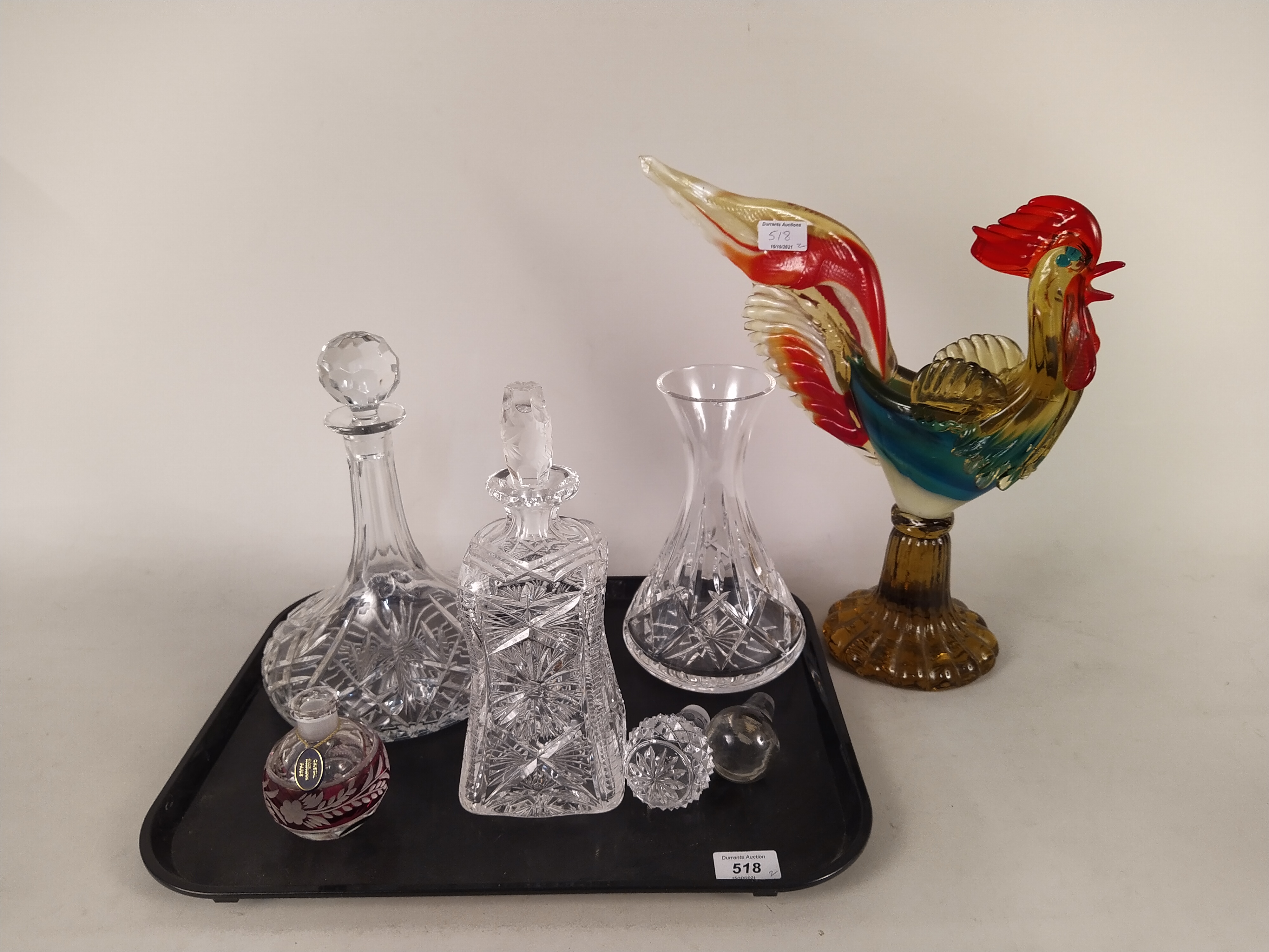 A large coloured glass cockerel, a cut glass ships decanter, a cut glass whisky decanter, - Image 2 of 3