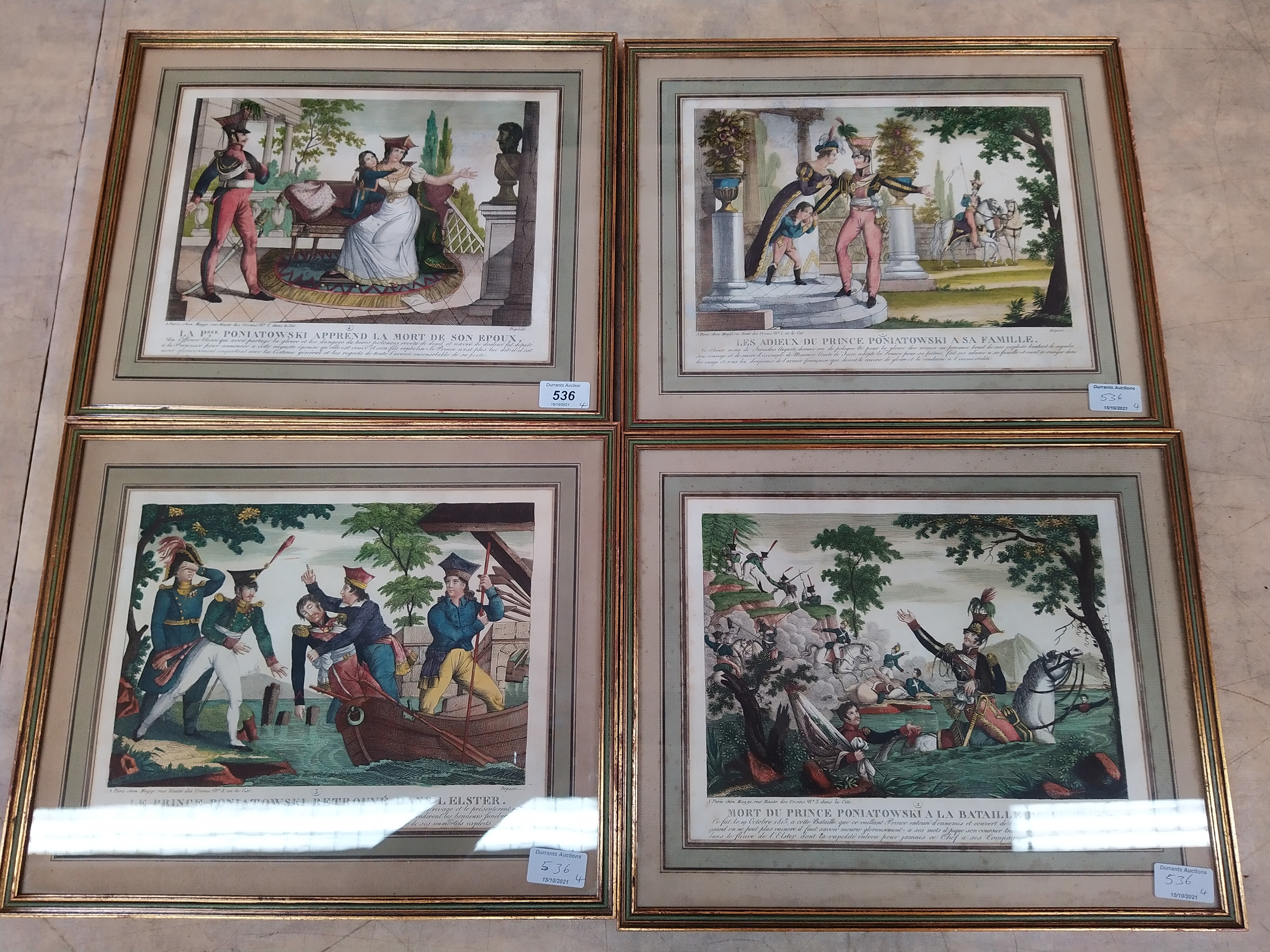 A set of four 19th Century French coloured engravings depicting Prince Poniatowski leaving to fight