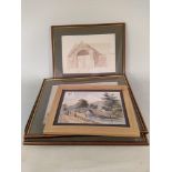 Cecilia Montgomery framed watercolour of figures near a bridge 26cm x 17cm plus three works by the