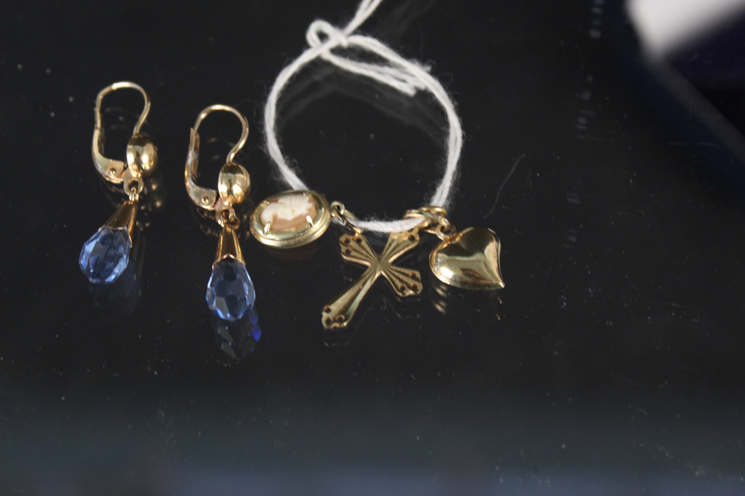 A pair of continental yellow metal earrings marked 750 with faceted blue stone drops together with - Image 2 of 3