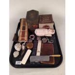 Mixed items including ammonites, vintage razors, cribbage board, 'Ful-Vul' camera,