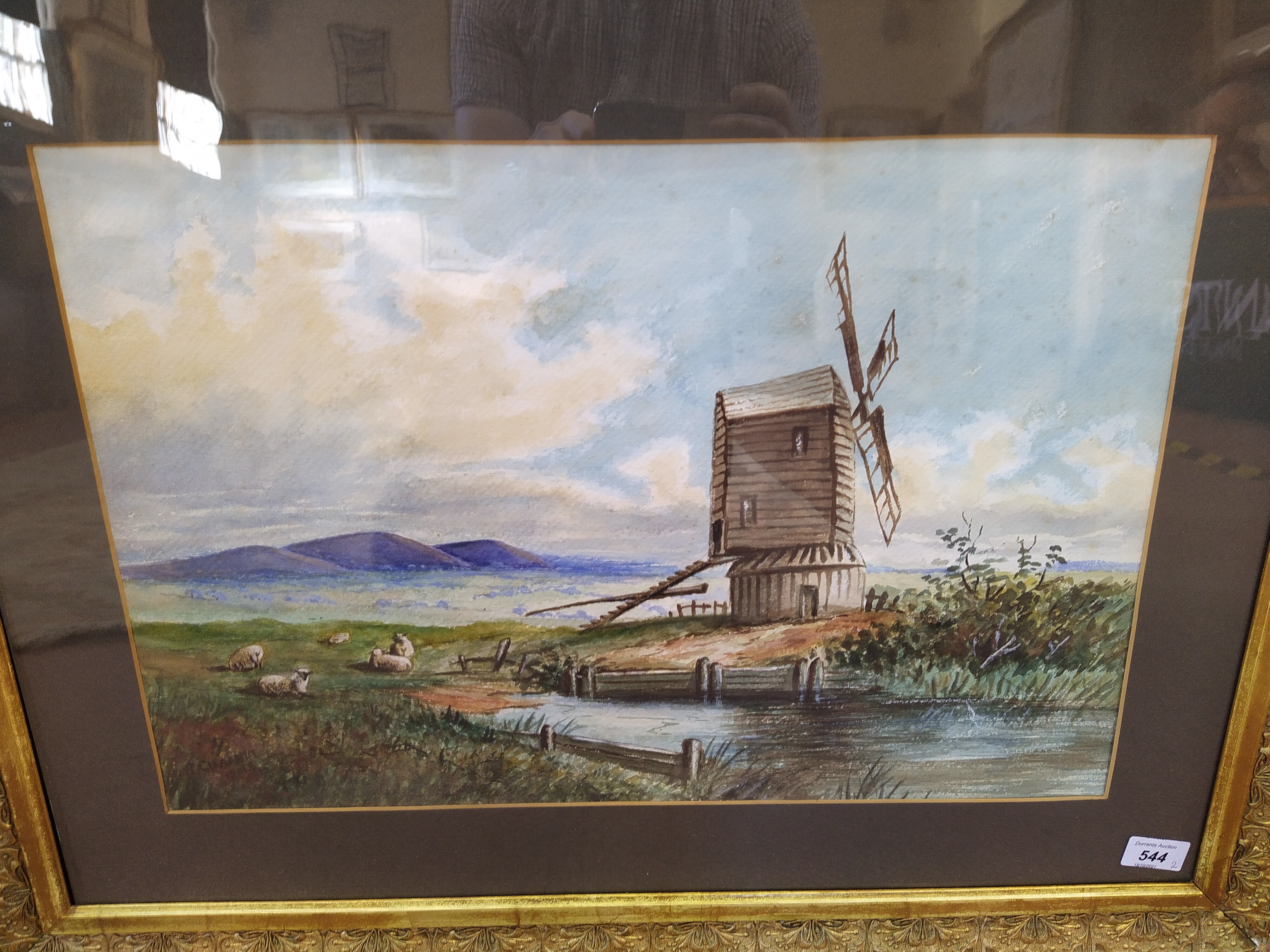 A pair of watercolours of a windmill with sheep and a river plus a rural cottage with farm track, - Image 3 of 5