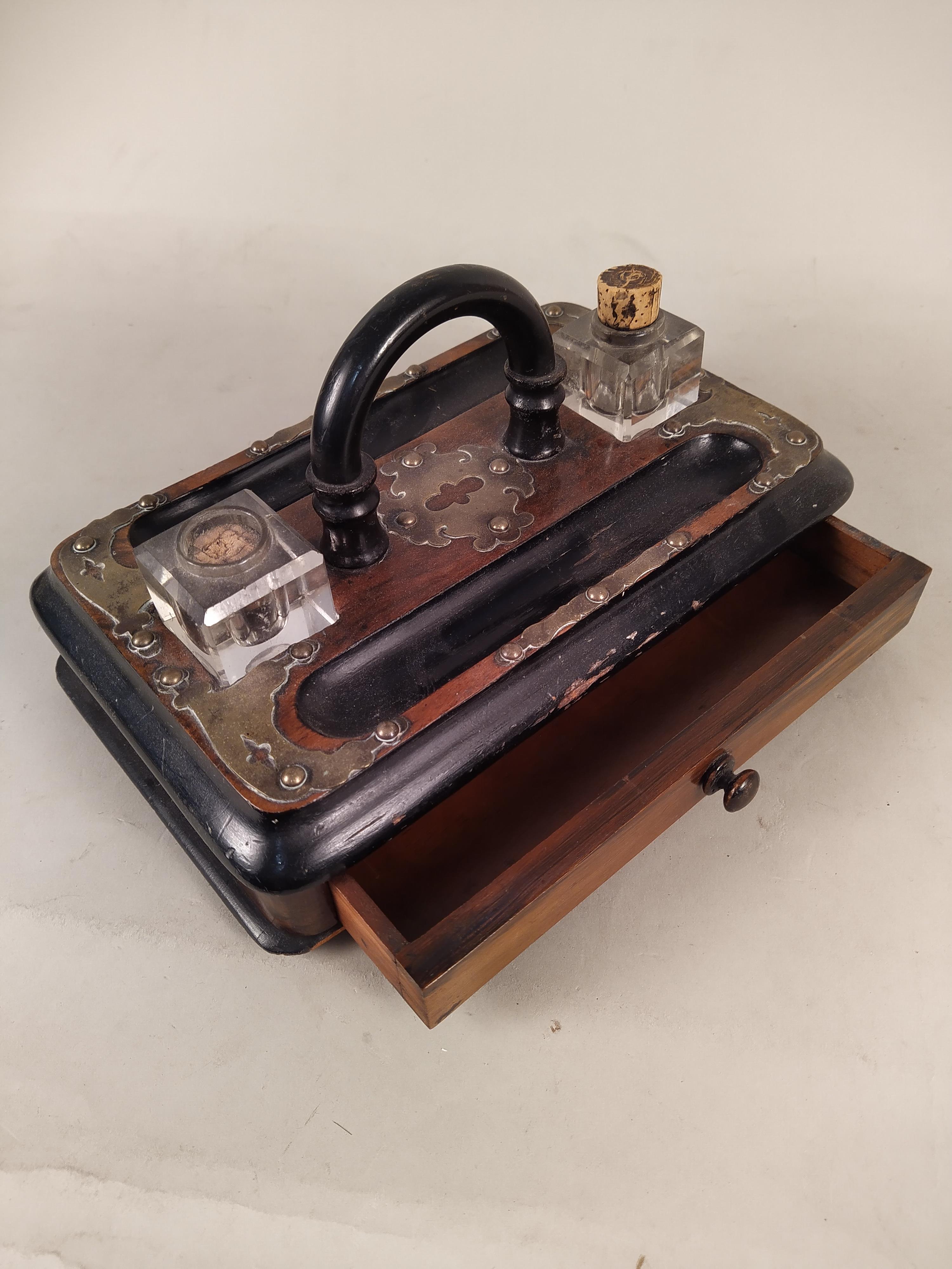 A Victorian burr walnut and ebonised desk inkwell/pen stand with drawer, - Image 2 of 3