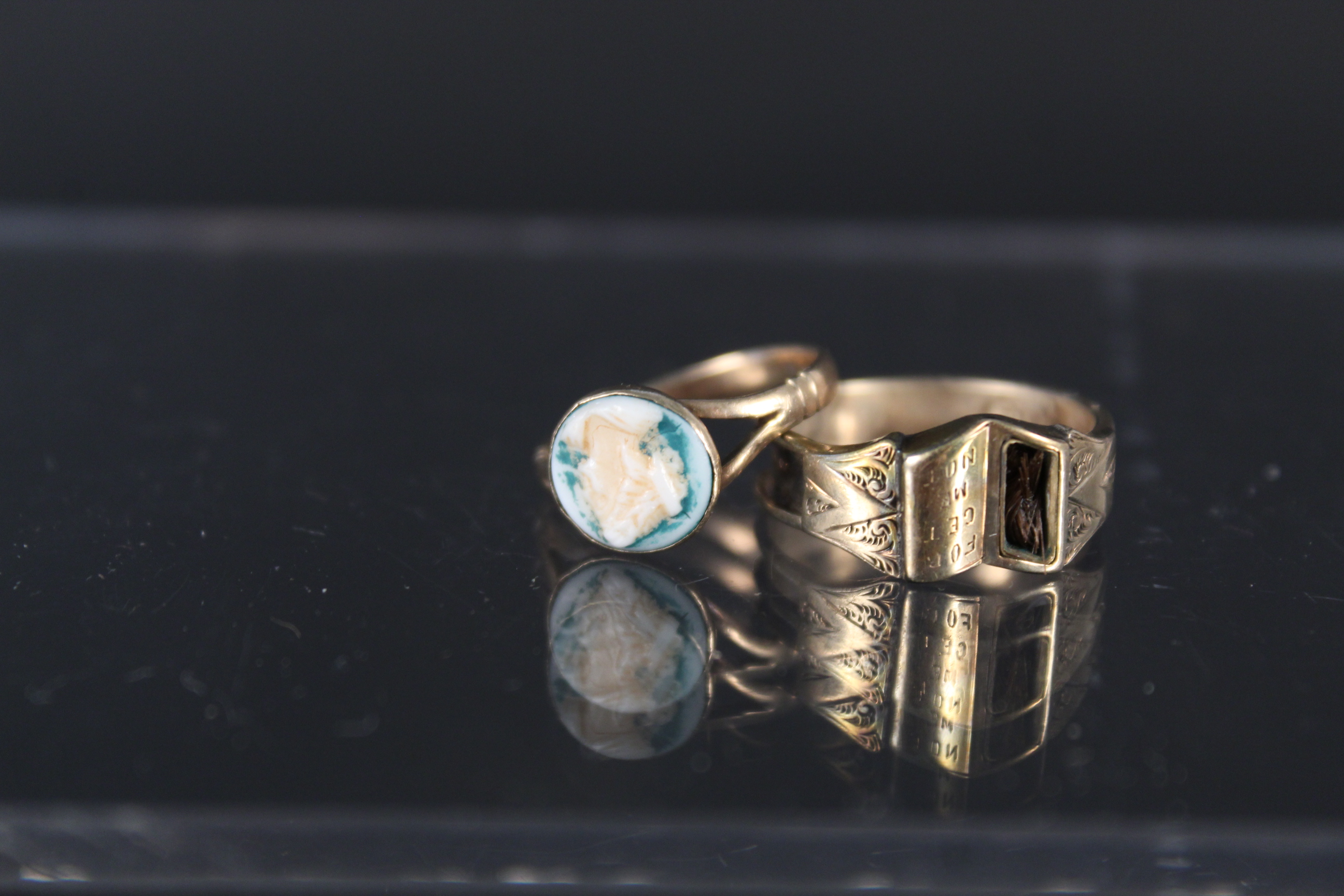 A 10ct gold hair set ring (as found) plus a 9ct gold cameo set ring, weight approx 3. - Image 2 of 3