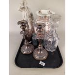 A pair of silver plate on copper candlesticks, a Parian figure, a Victorian cut decanter,