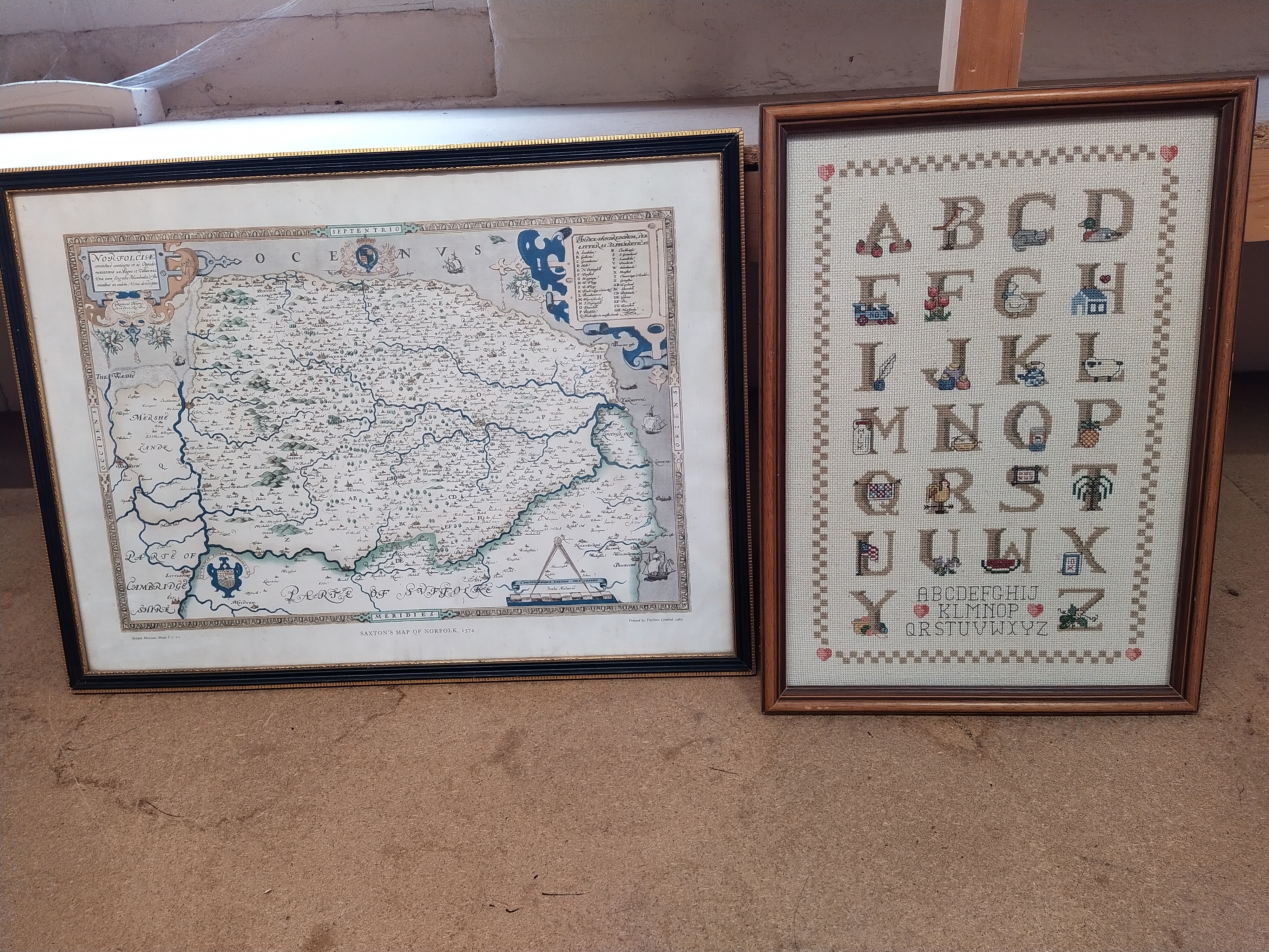 A framed Saxtons map of Norfolk printed in 1963 plus an alphabet sampler and five framed re-printed - Image 2 of 3