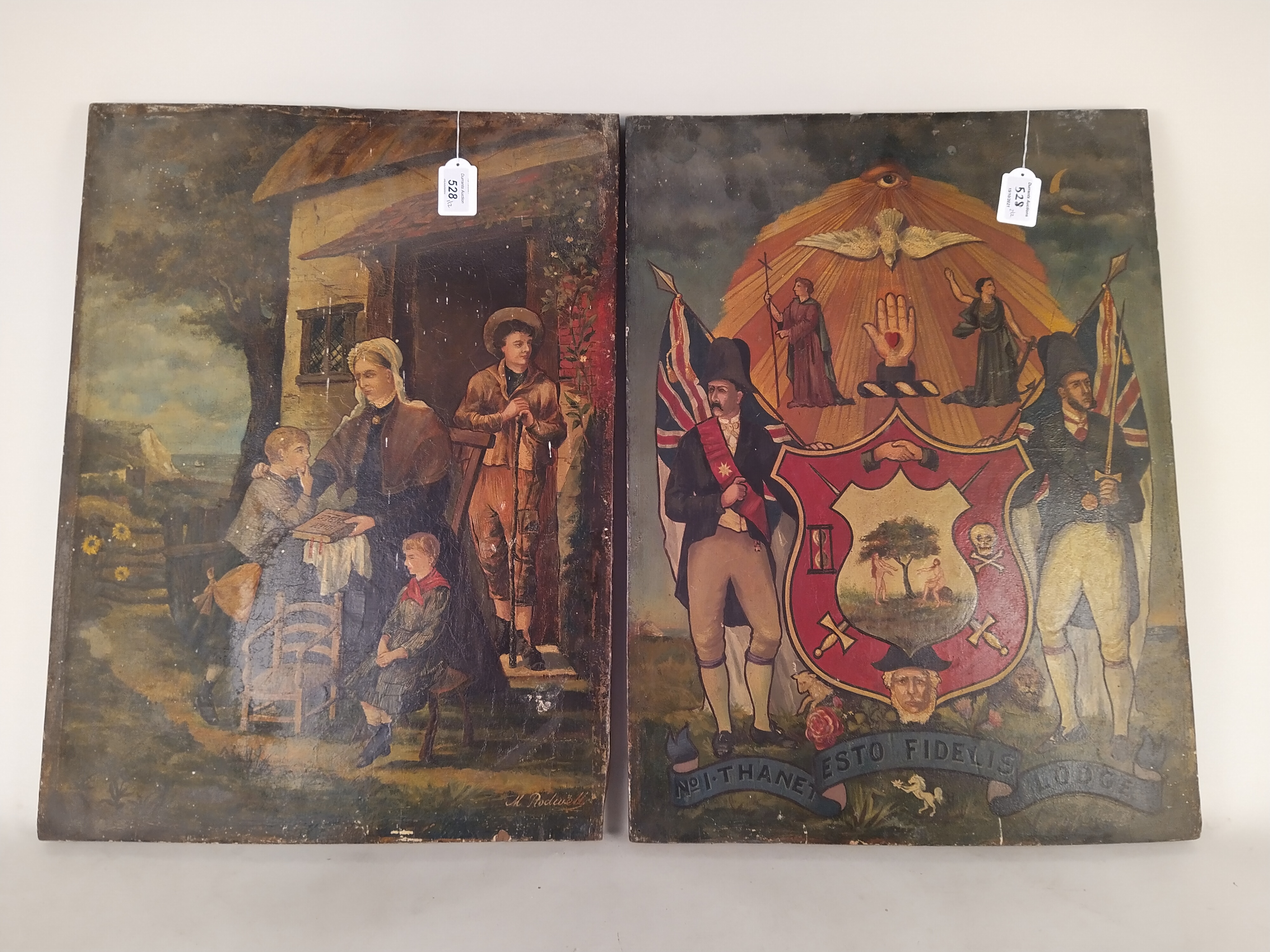 Two late 19th Century hand painted wood panel pictures, one depicting a family outside of a cottage,