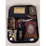 Mixed items including an inlaid photo frame with WWI soldier, various costume jewellery,