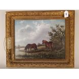 A framed oil on board of horses by a lane, no apparent signature,
