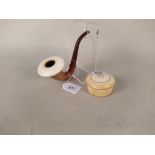 A vintage calabash pipe with meerschaum top to bowl plus an ivory lidded pot