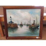 A framed oil painting on canvas of trawlers entering Lowestoft harbour,