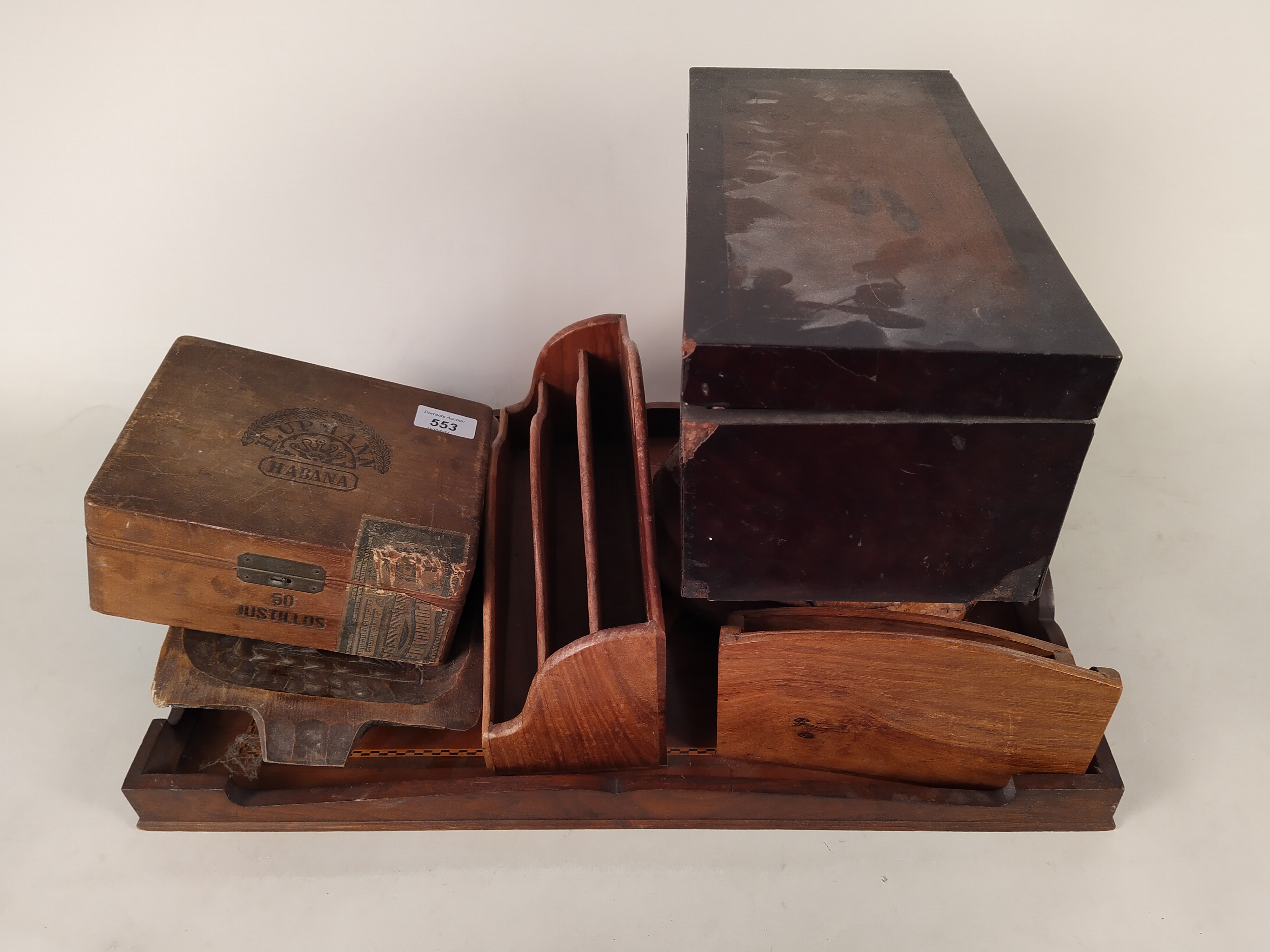 A wooden inlaid tray plus a tea caddy, H Upmann Havana cigar box (no contents),